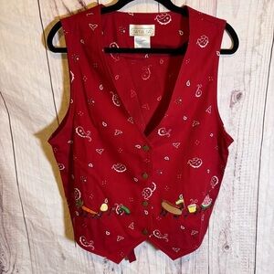 Vintage Red Bandana Picnic Ant Food Embroidered V-neck Button up Vest XL